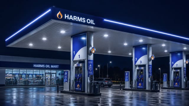 A Harms Oil fuel station lit up at night