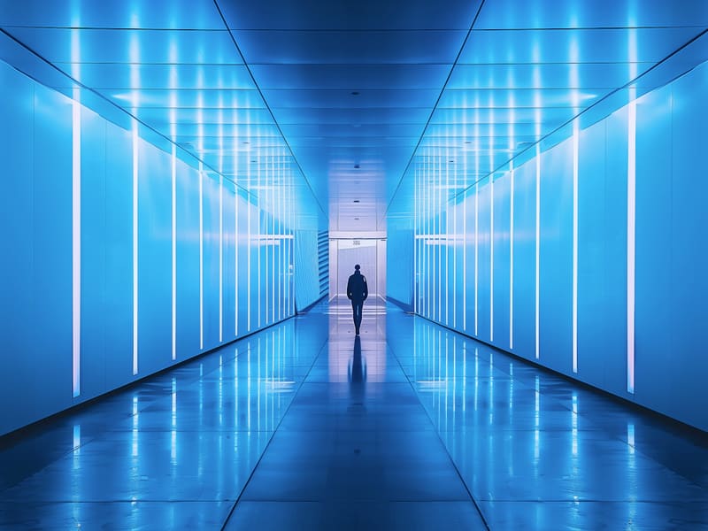 A person walking through a brightly lit blue data center corridor