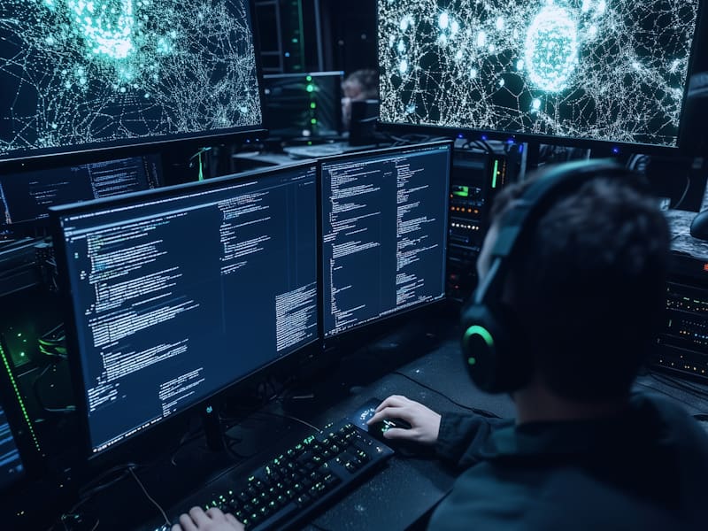 An analyst watching live code and network activity across several monitors in a dark operations room